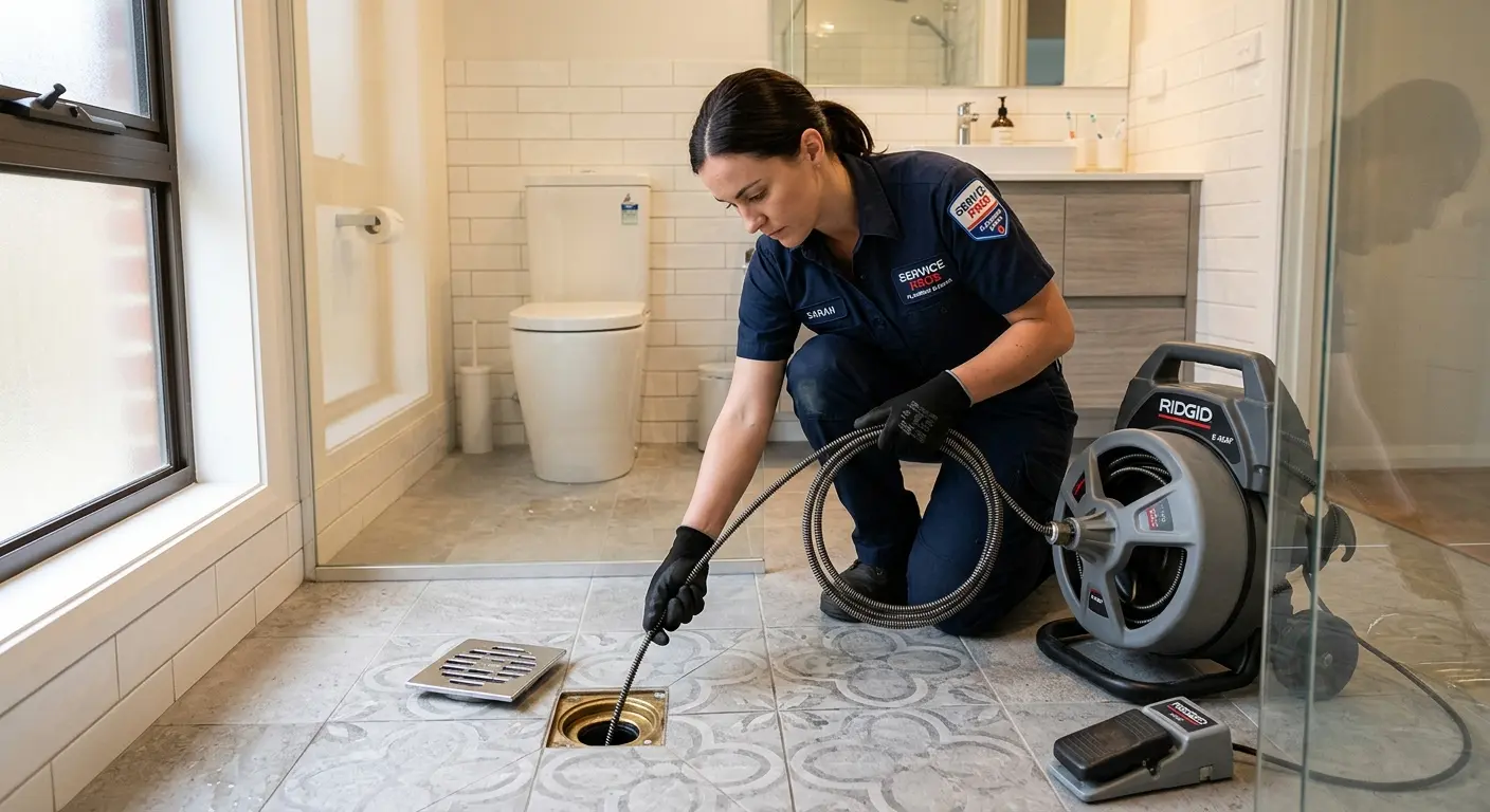 Technician clearing a bathroom floor drain for Sewer Line Installation in Vancouver